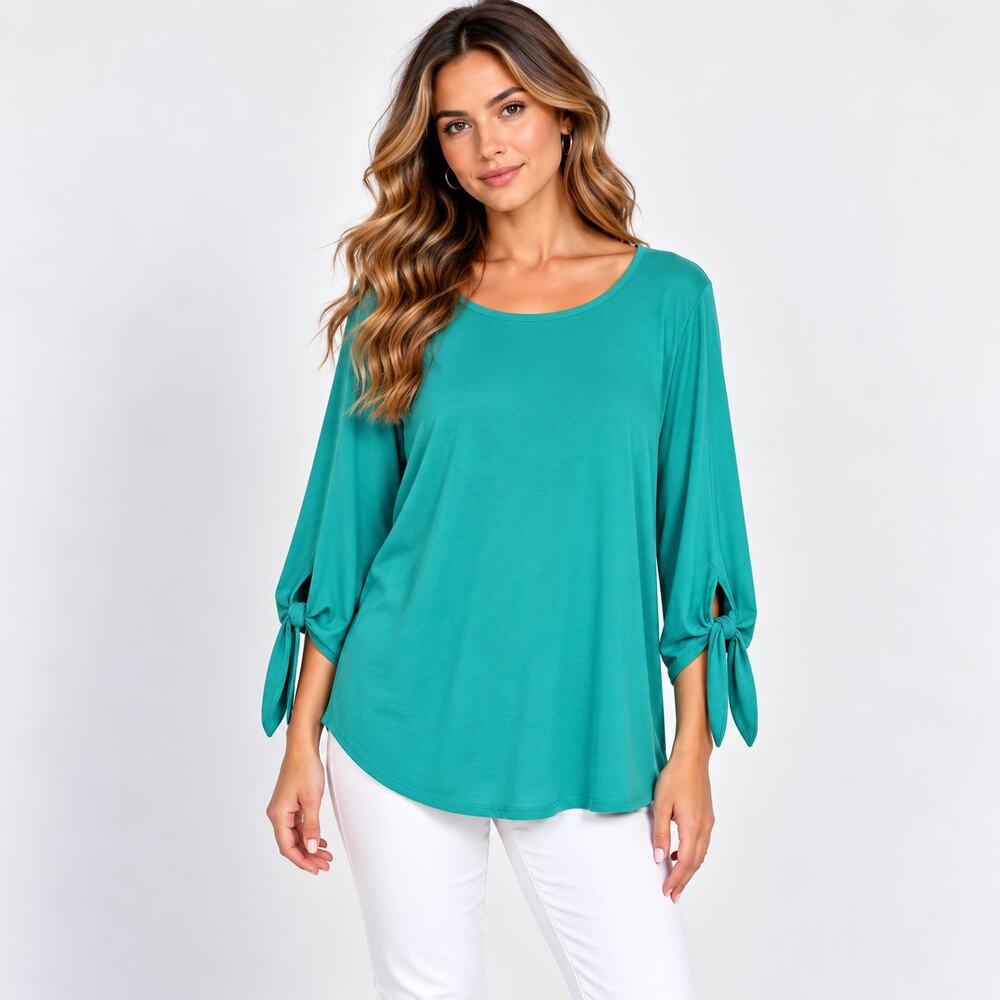 Susan Graver Liquid Knit Blouse Women's Size XL Mint Tie Sleeves Office Casual